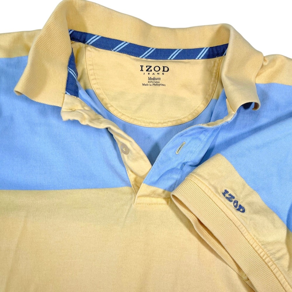 IZOD Medium Yellow Blue Striped Polo Shirt Short Sleeve Preppy Rugby Sporty